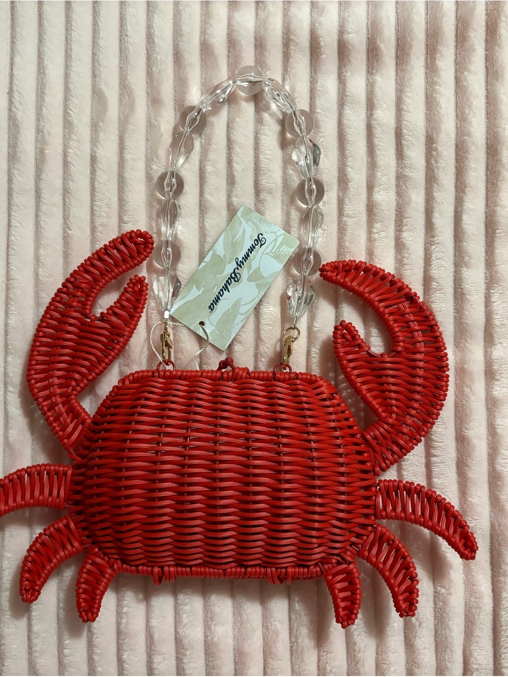 Tommy Bahama Red Woven Crab Crossbody Bag with Clear Beaded Handle - Picture 2 of 5